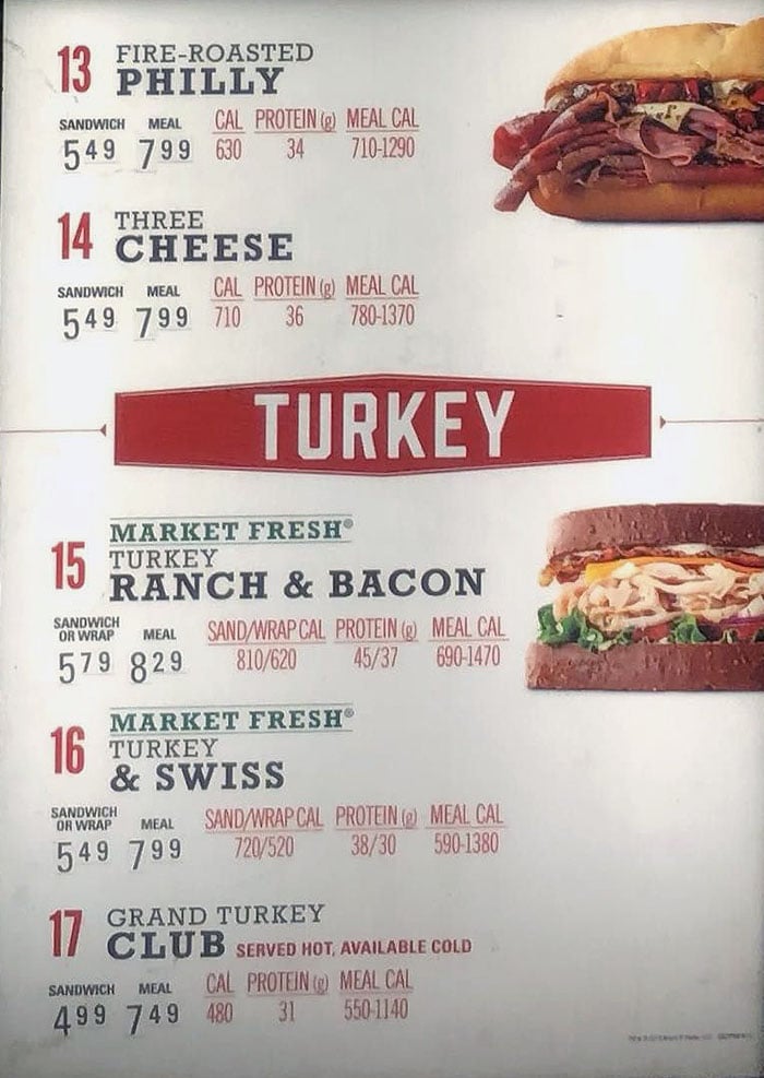 Arby's menu - roast beef, turkey