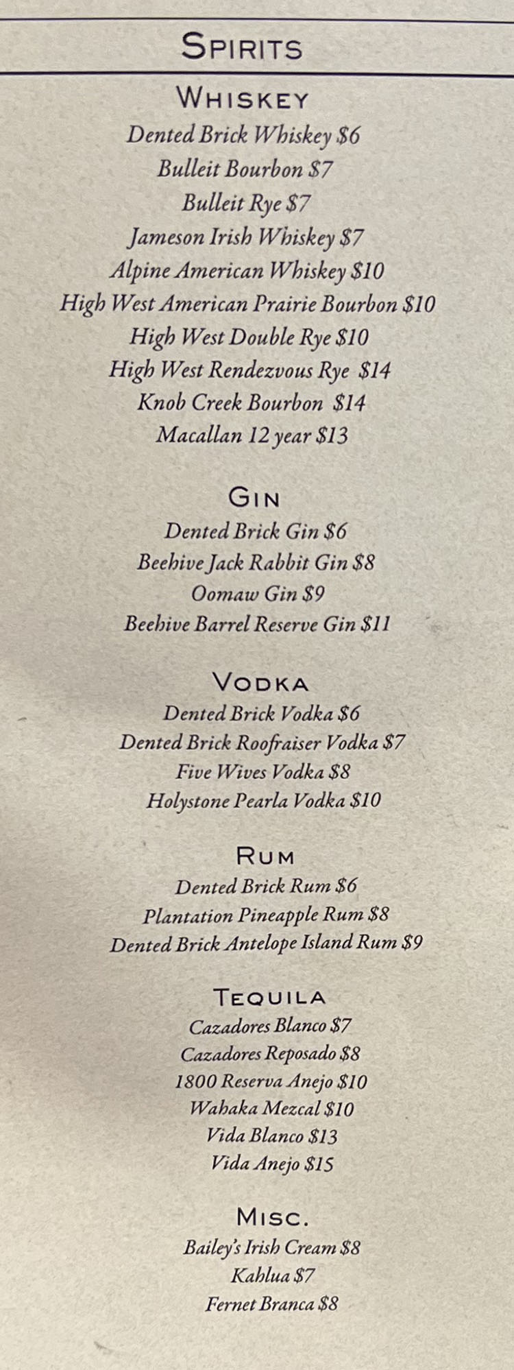 Avenues Proper bar menu - spirits