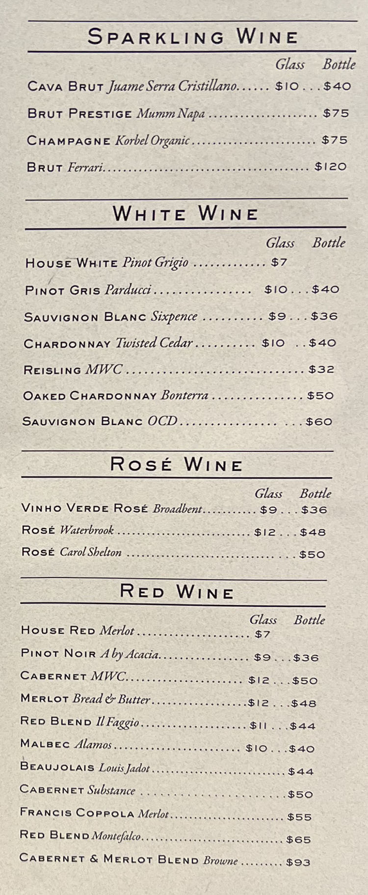 Avenues Proper bar menu - wine