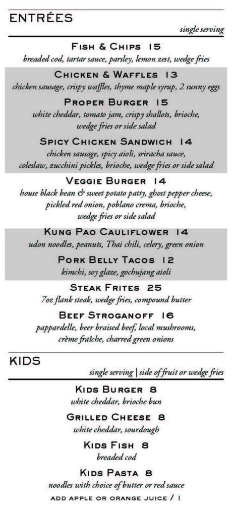 Avenues Proper curbside pickup menu - entrees, kids
