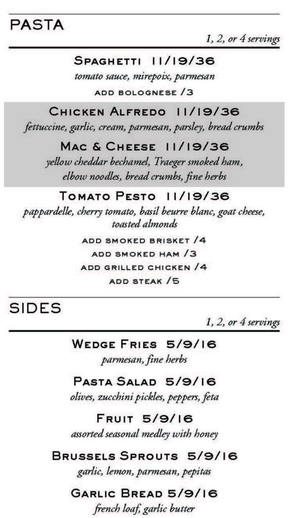 Avenues Proper curbside pickup menu - pasta, sides