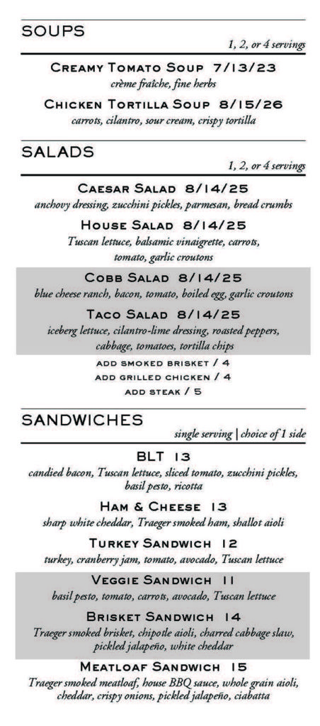 Avenues Proper curbside pickup menu - soups, salads, sandwiches