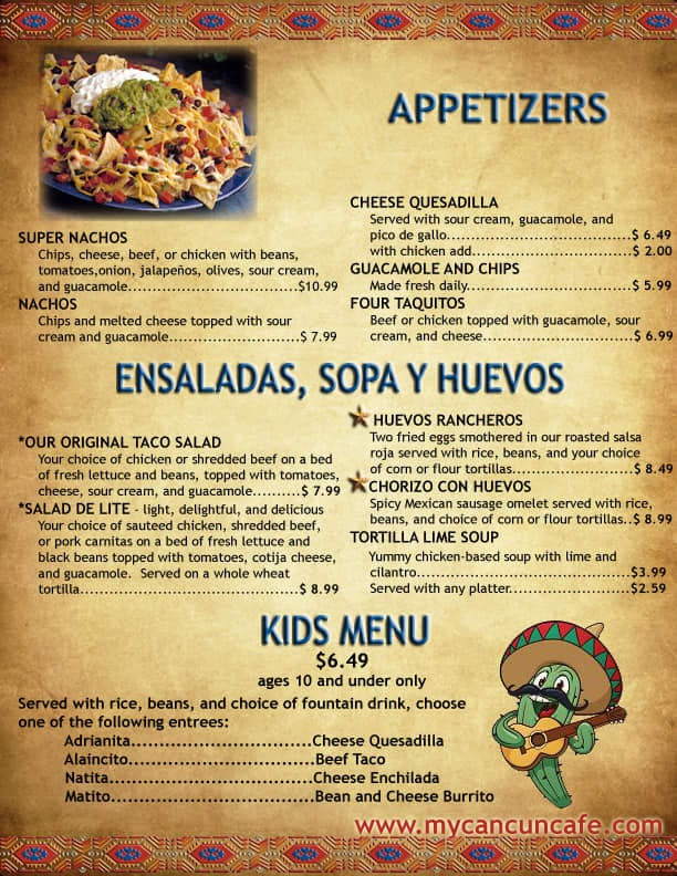 Cancun Cafe menu - appetizers, soups, salads, kids