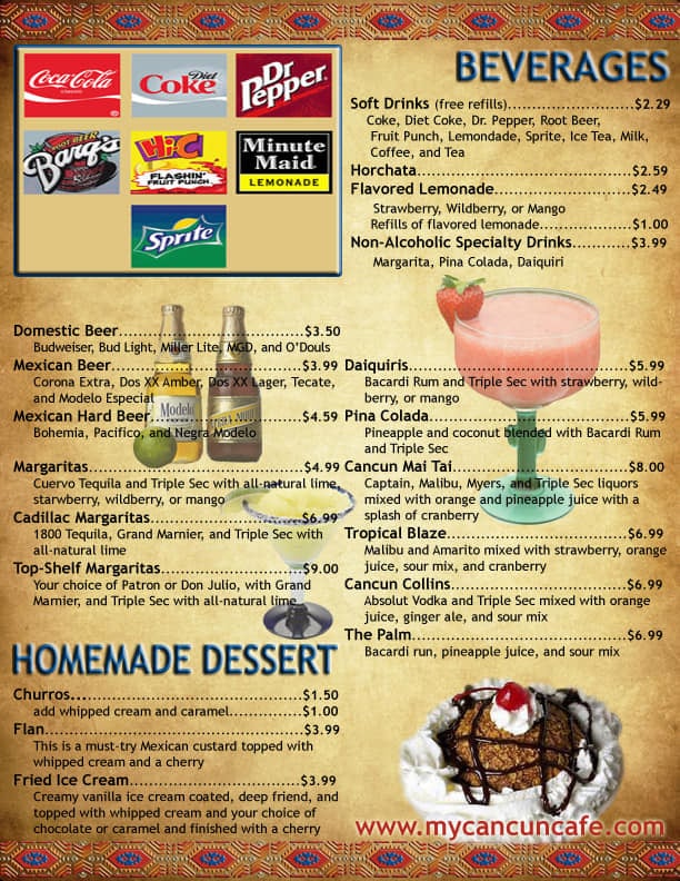 Cancun Cafe menu - beverages, dessert