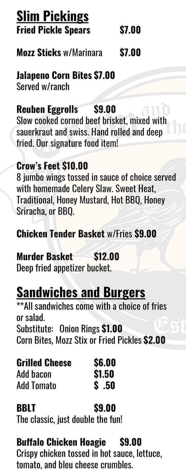 Crow And The Pitcher curbside menu - page one