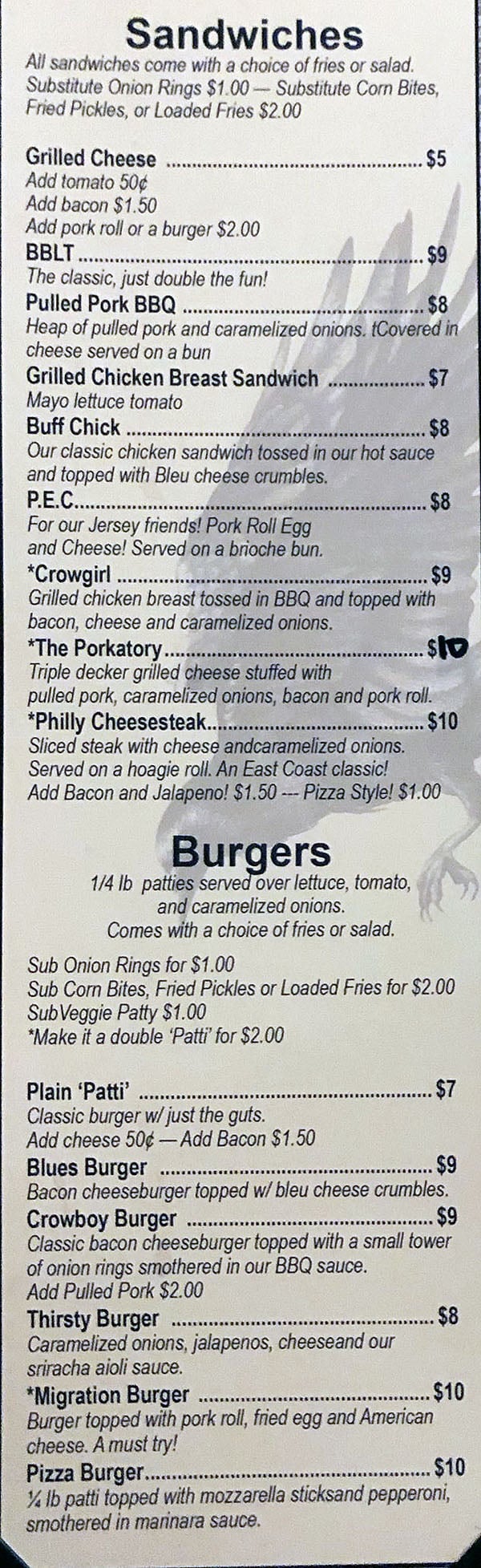 Crow And The Pitcher menu - sandwiches, burgers