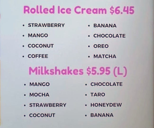 Hello Boba menu - rolled ice cream, milkshakes