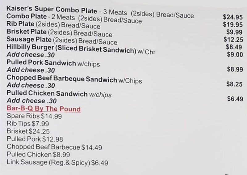 Kaiser's Bar-B-Q menu - meats