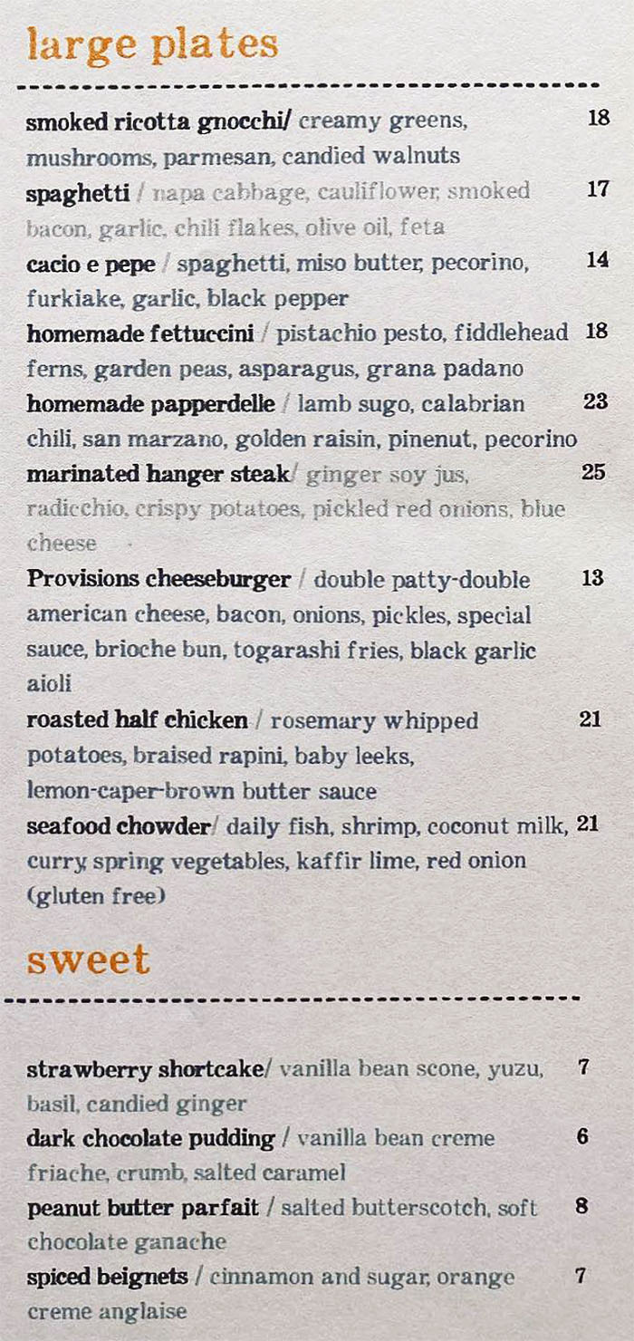Provisions curbside menu continued