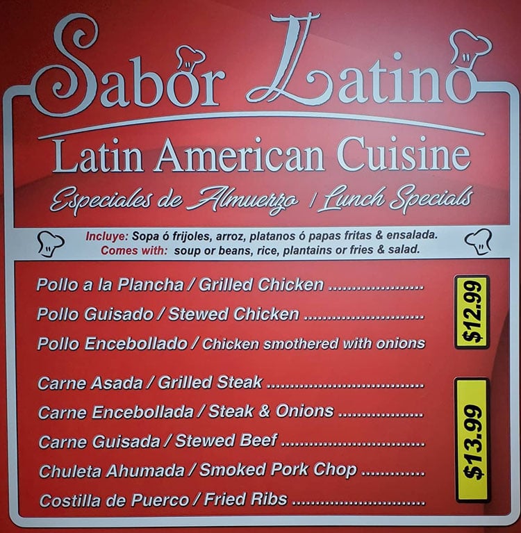 Sabor Latino menu - lunch specials