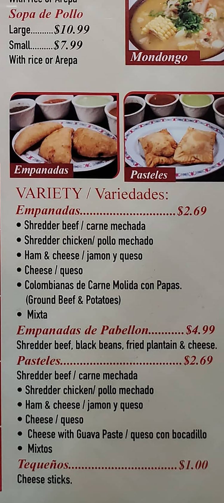 Sabor Latino menu - soups, empanadas continued