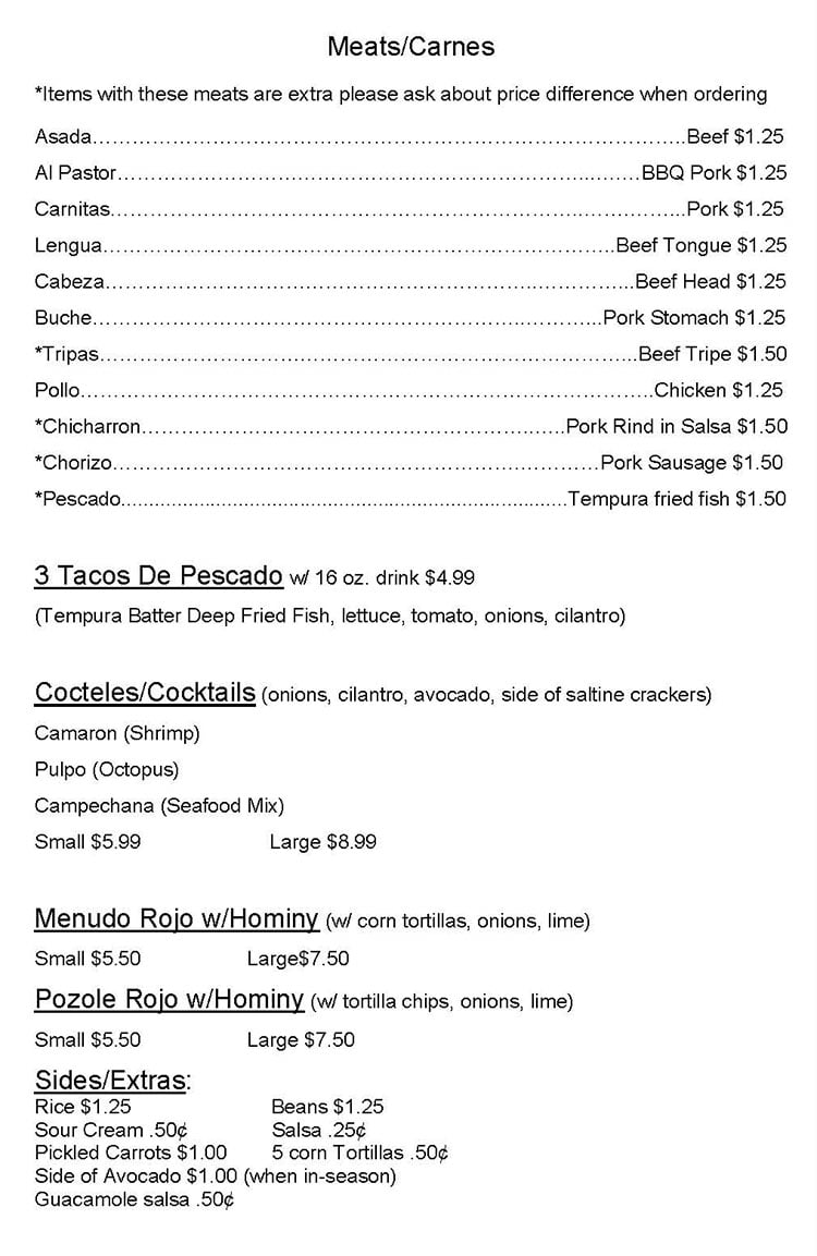 Taqueria El Rey De Oros menu - meats carnes