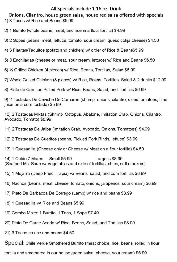 Taqueria El Rey De Oros menu - specials