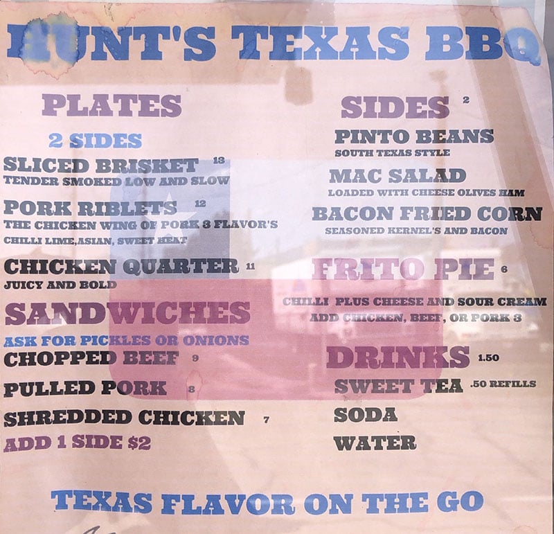 Hunt's Texas BBQ menu - page one