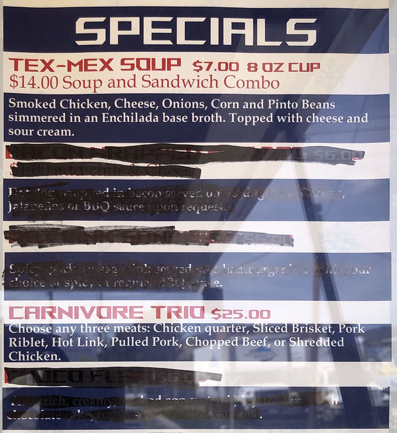 Hunt's Texas BBQ menu - specials