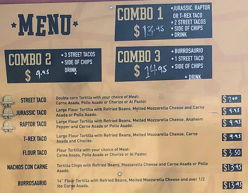 Jurassic Tacos menu