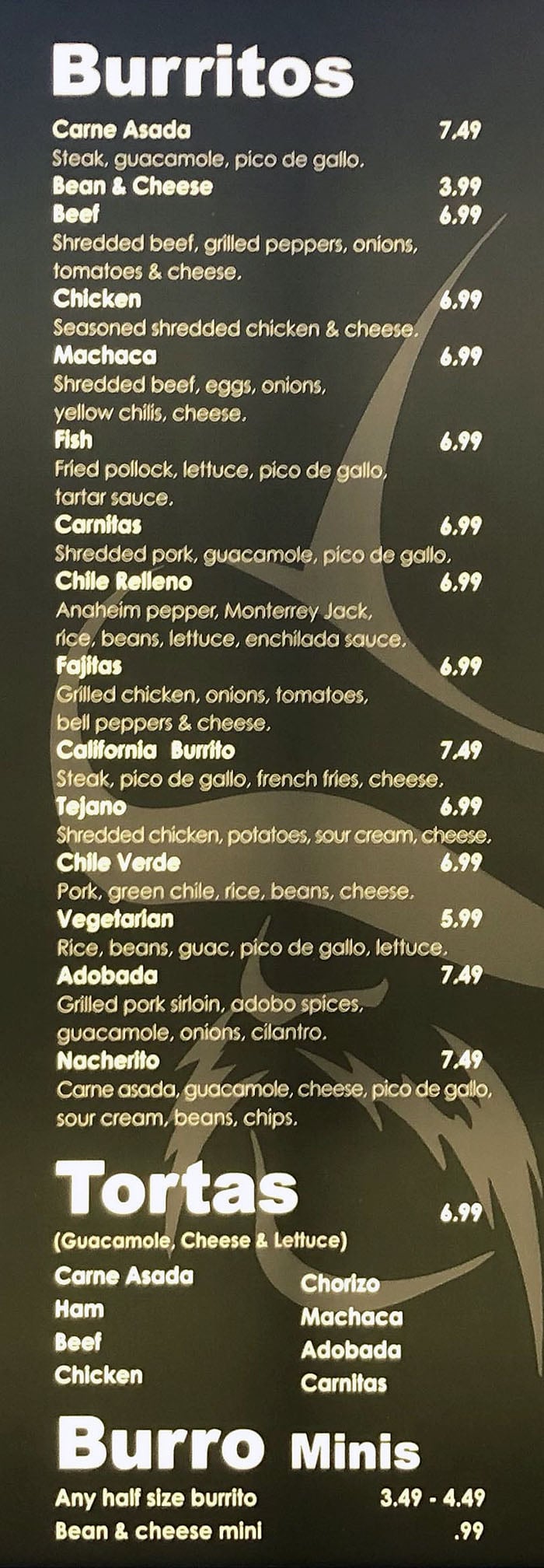 Alberto's menu - burritos, torta