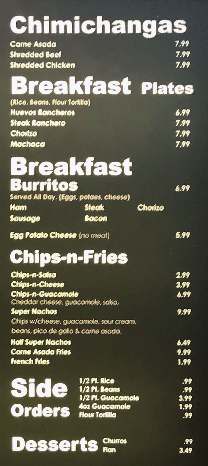 Alberto's menu - chimichangas, breakfast, chips fries, sides, desserts