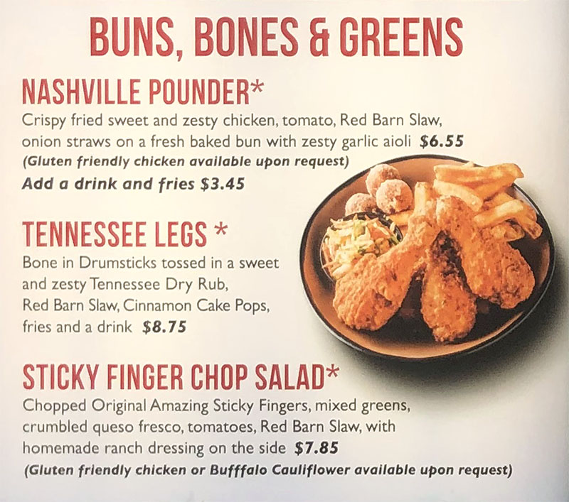 Sticky Bird menu - buns, bones, greens