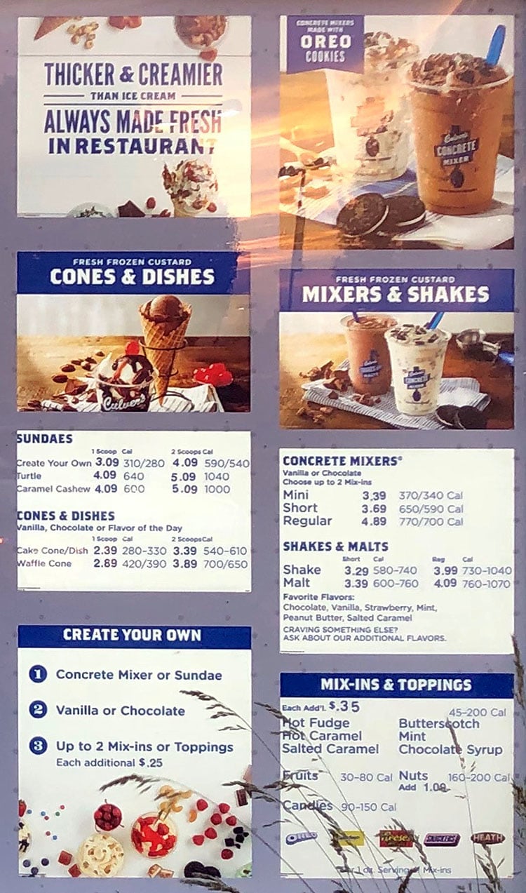 Culver's menu - cones, mixers, shakes