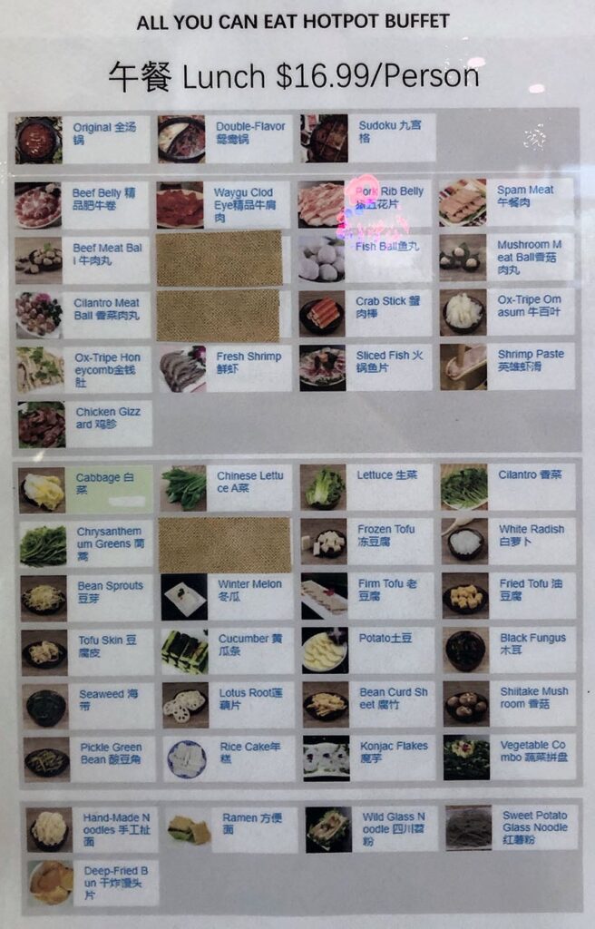 Hero Hotpot menu - all you can eat lunch