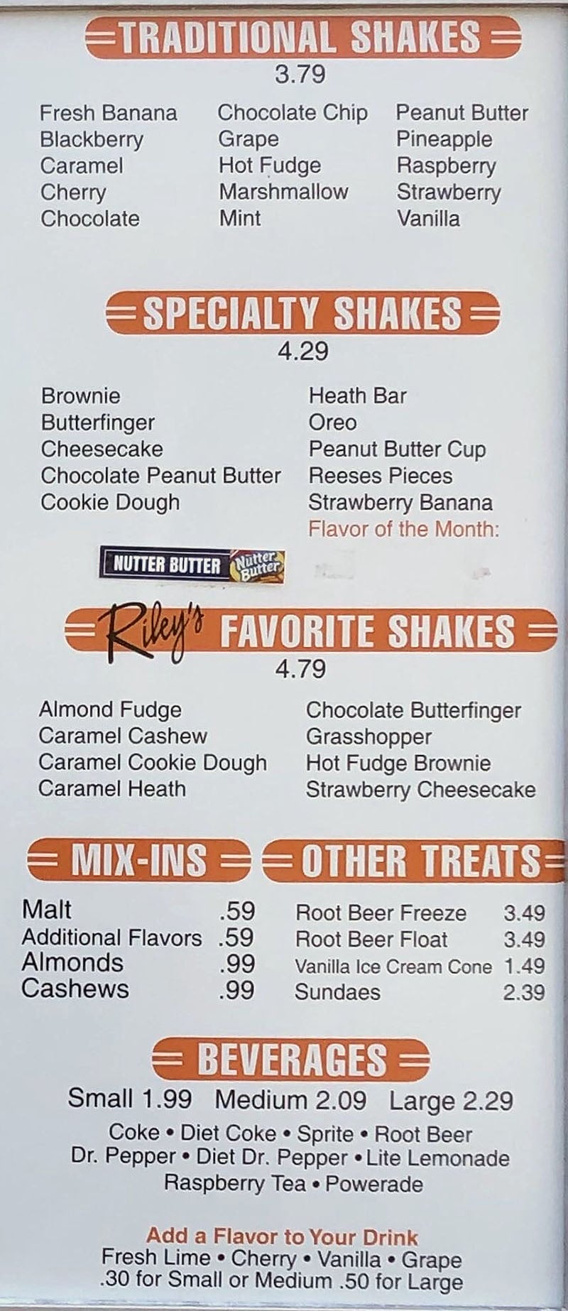 Riley's Sandwiches menu - shakes, mix ins, treats, beverages