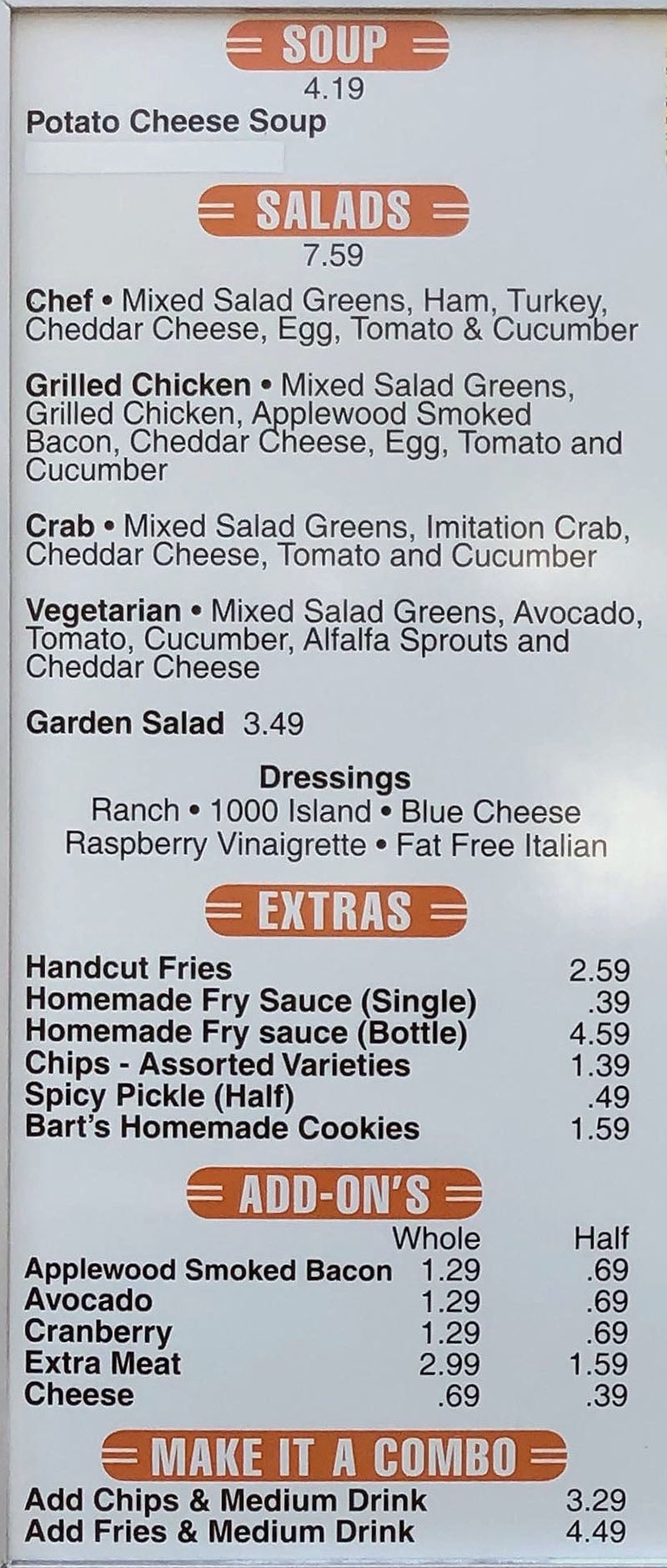 Riley's Sandwiches menu - soup, salads, extras, add ons, combo