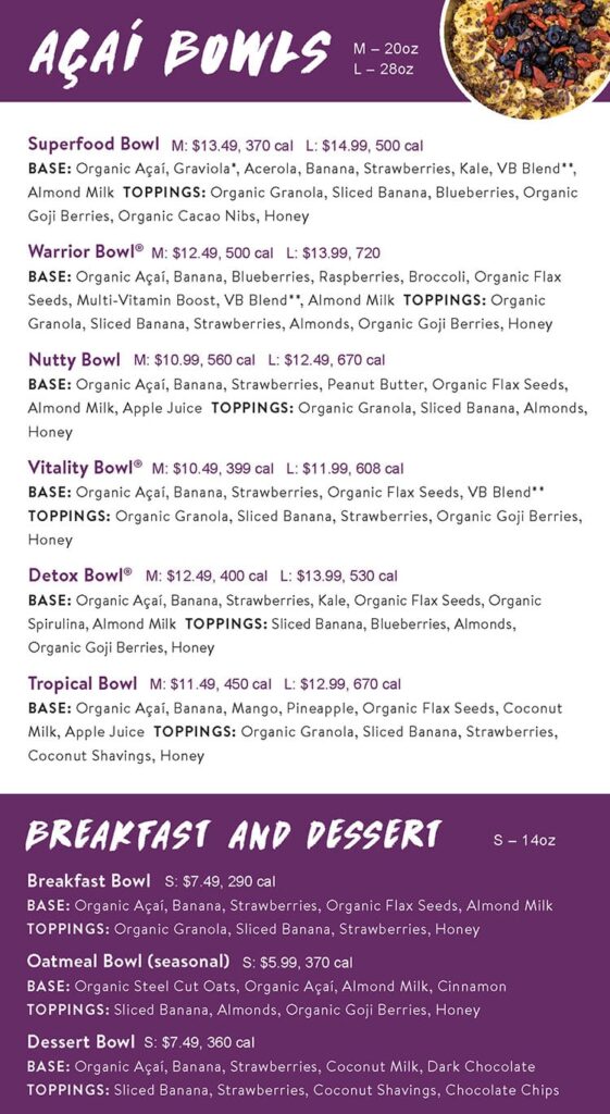 Vitality Bowls menu - acai bowls, breakfast, dessert