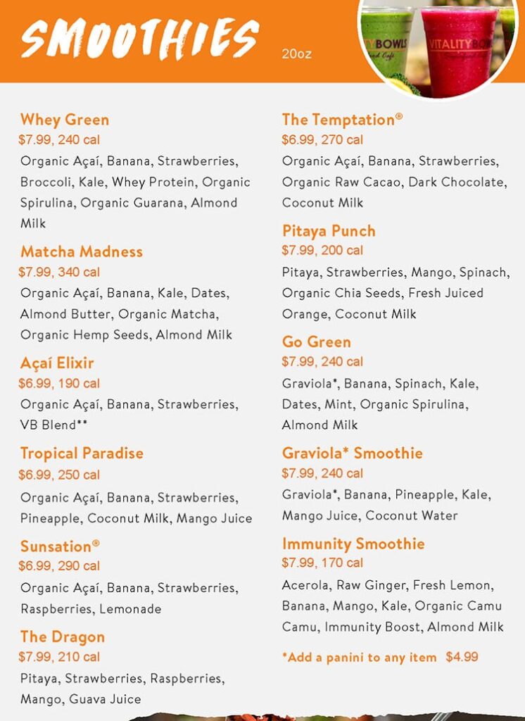 Vitality Bowls menu - smoothies