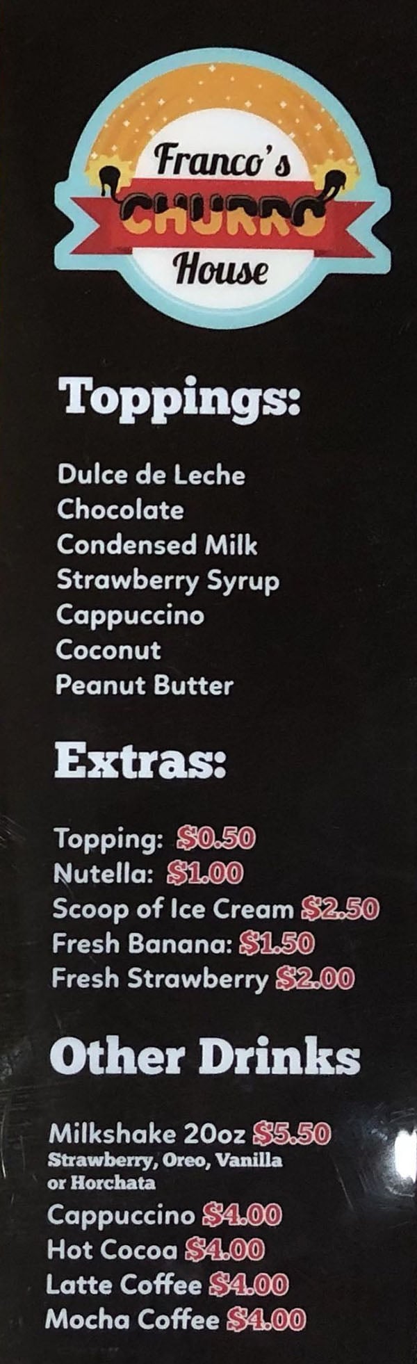 Franco's Churro House menu - page three