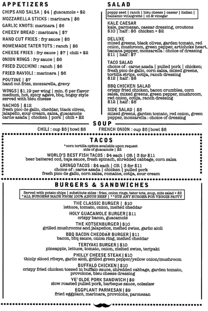 Spedelli's menu - appetizers, salads, soup, sandwiches, burgers, tacos