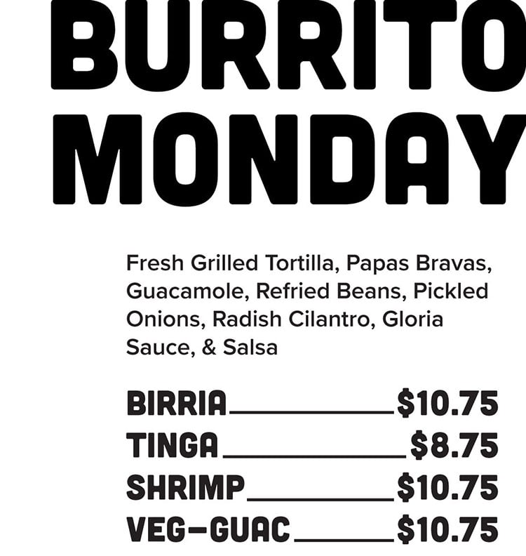Sobe Eats menu - burrito Monday