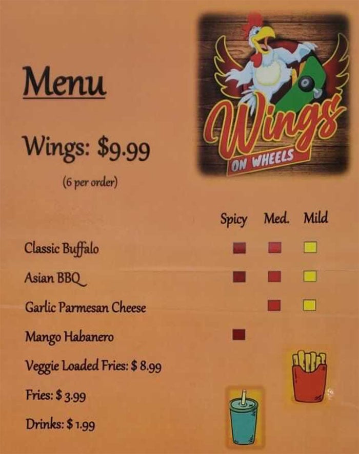 Wings On Wheels menu