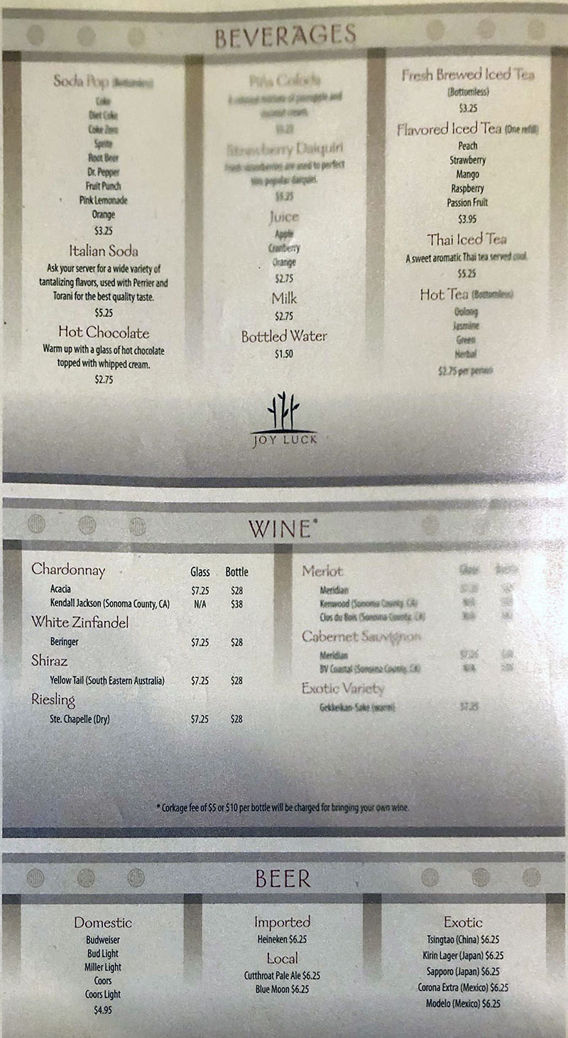 Joy Luck menu - beverages, wine, beer