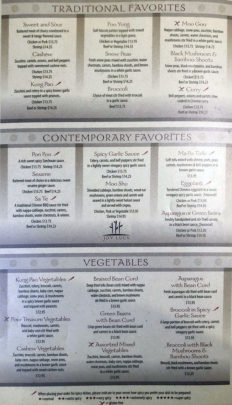 Joy Luck menu - favorites, vegetables