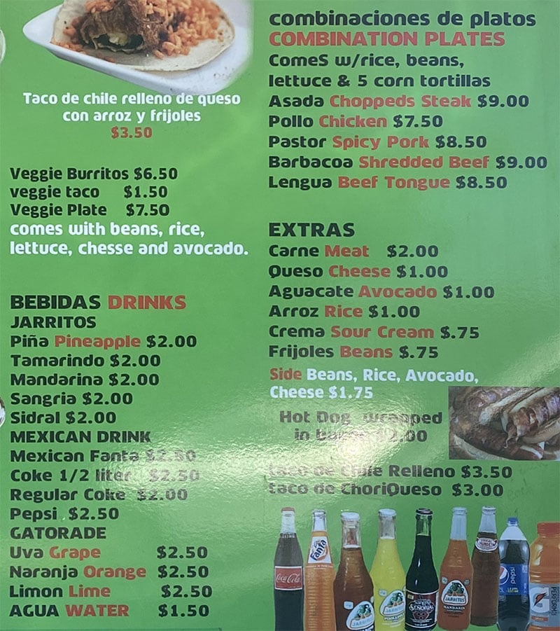 La Rancherita food truck menu - combos, drinks, extras