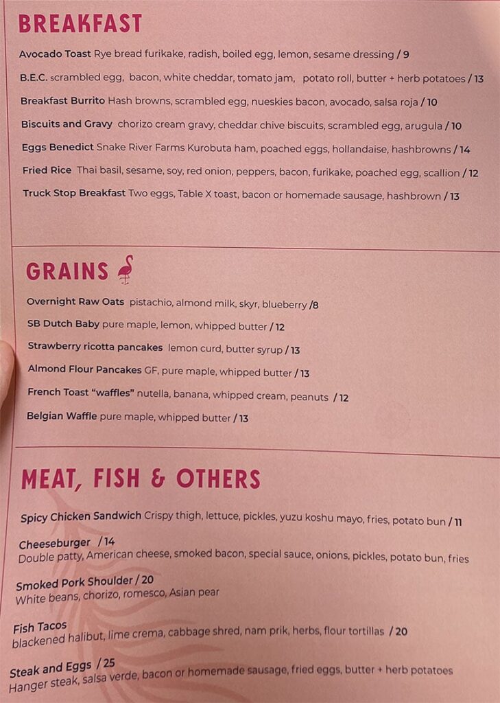 Sunday's Best menu - breakfast, grains, meat, fish