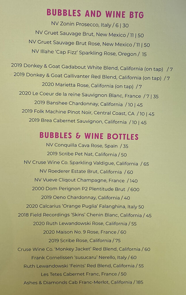 Sunday's Best menu - bubbles