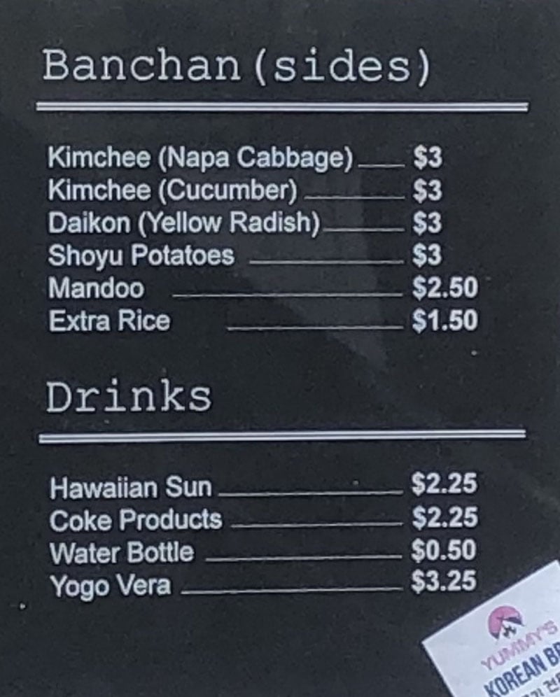 Yummy's Korean BBQ menu - banchan, drinks