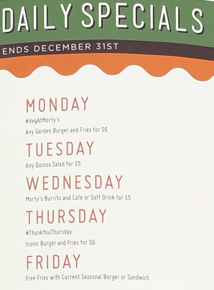 Morty's Cafe menu - daily specials 2021