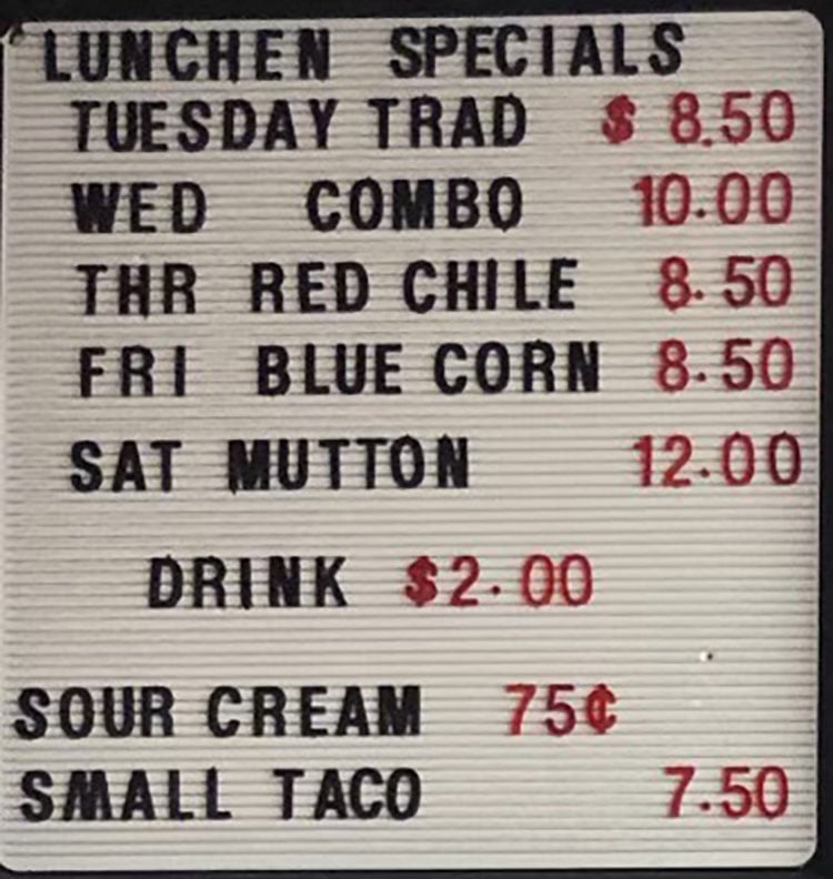 Navajo Hogan menu - lunch specials