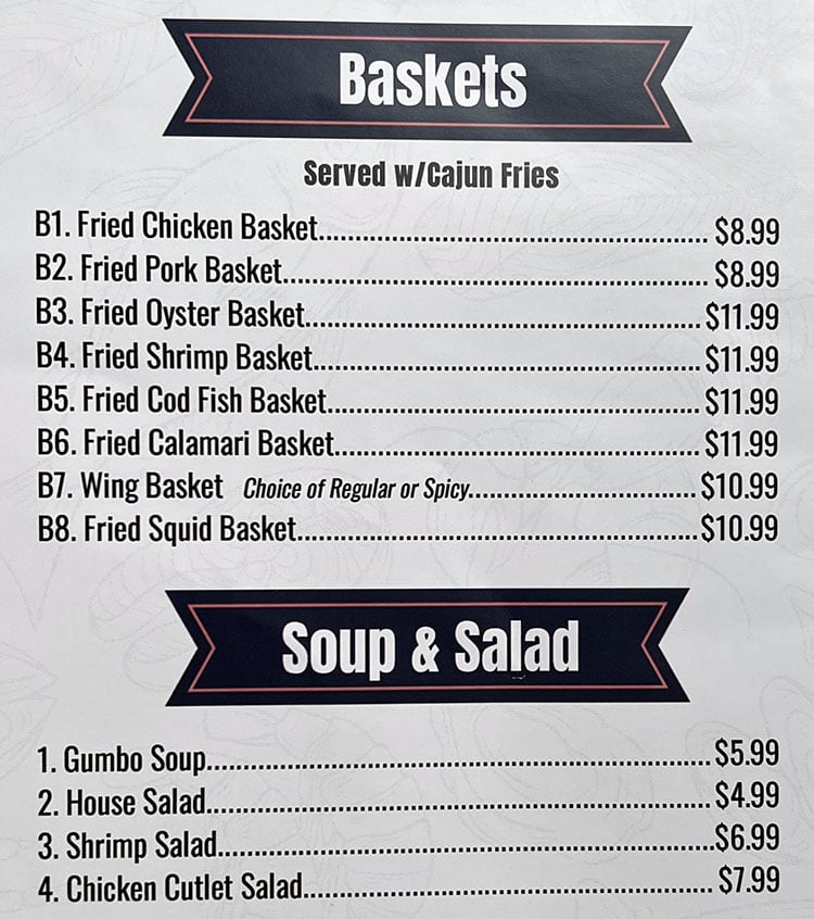 Cajun Boil Seafood Restaurant menu - baskets, soup, salad