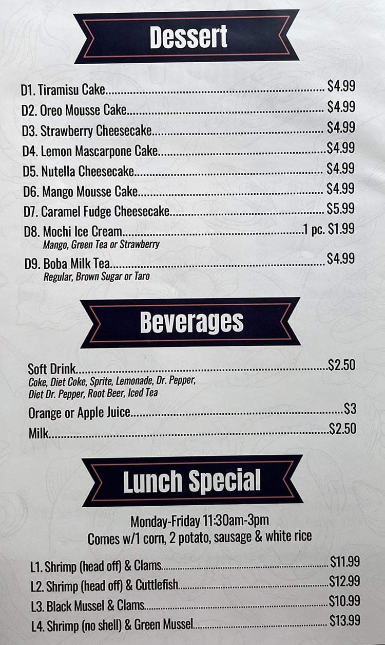 Cajun Boil Seafood Restaurant menu - dessert, beverages, lunch specials