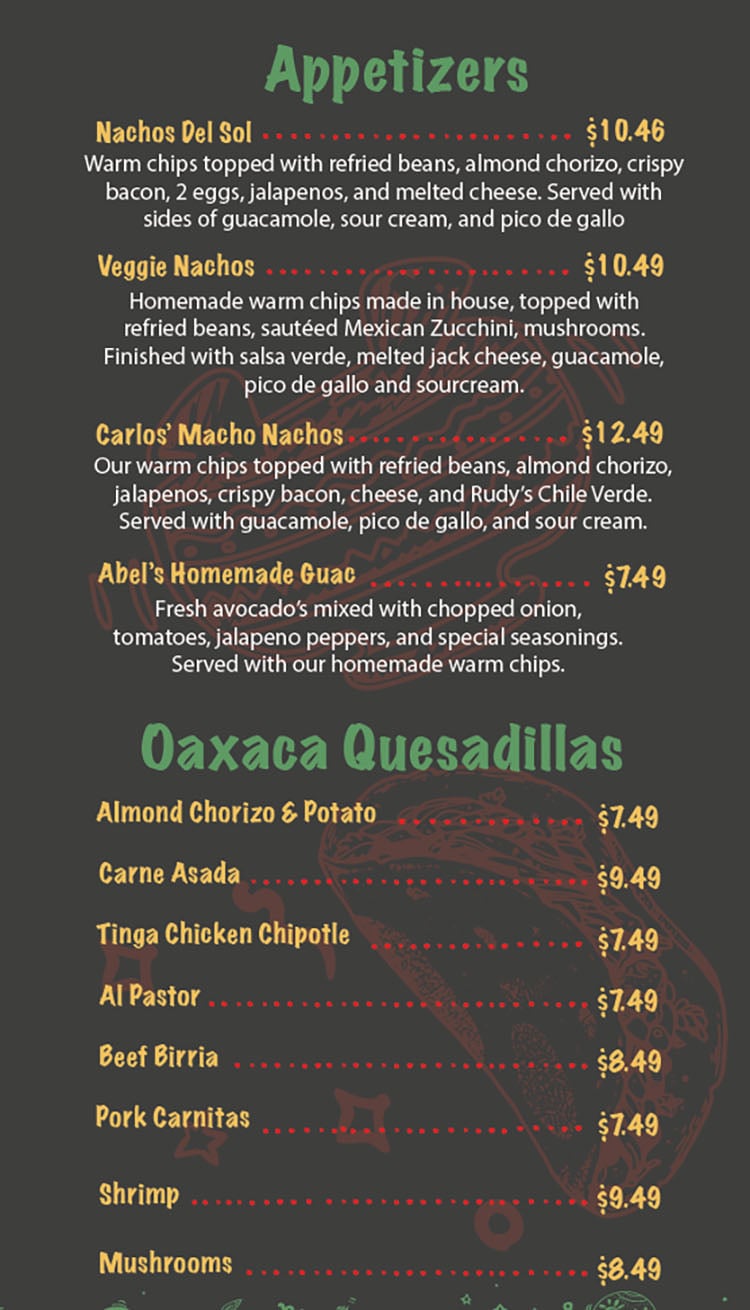 Del Barrio Cafe menu - appetizers, Oaxaca quesafillas