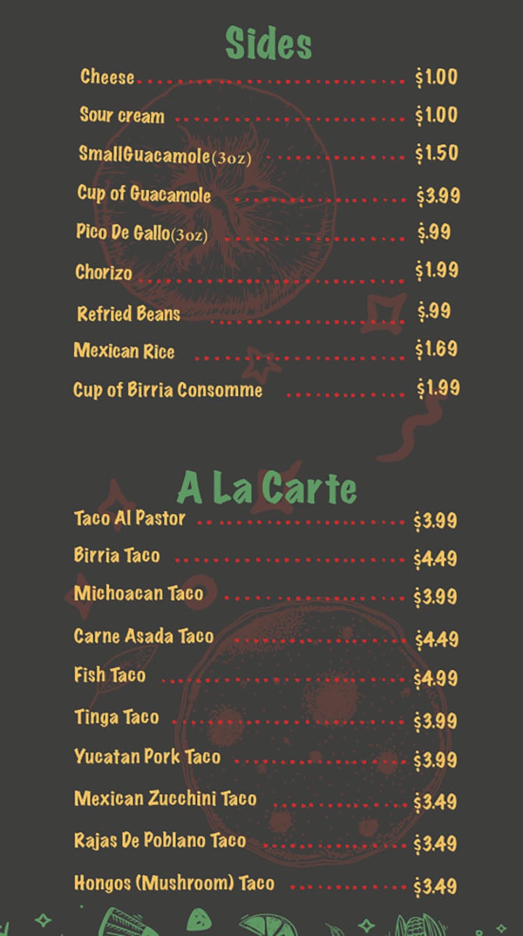 Del Barrio Cafe menu - sides, ala carte