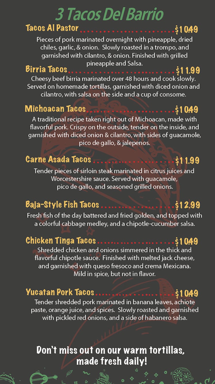 Del Barrio Cafe menu - three tacos del barrio