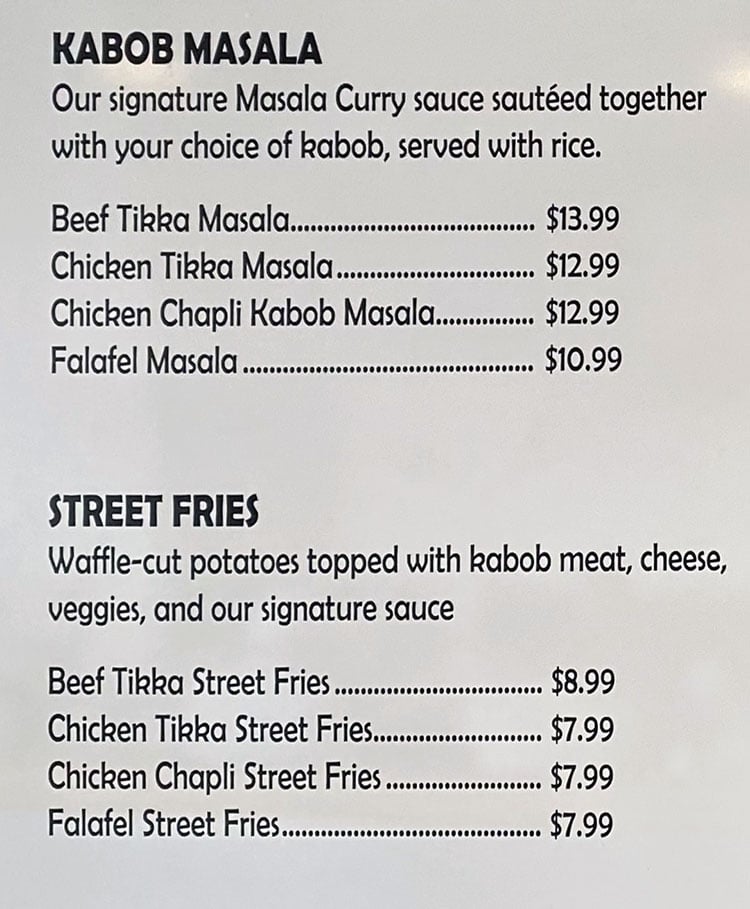 Kabob Bros menu - kabob masala, street fries