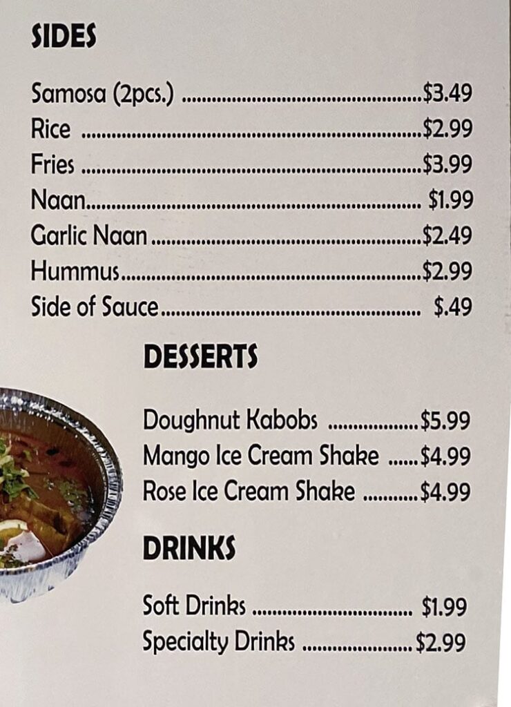 Kabob Bros menu - sides, desserts, drinks