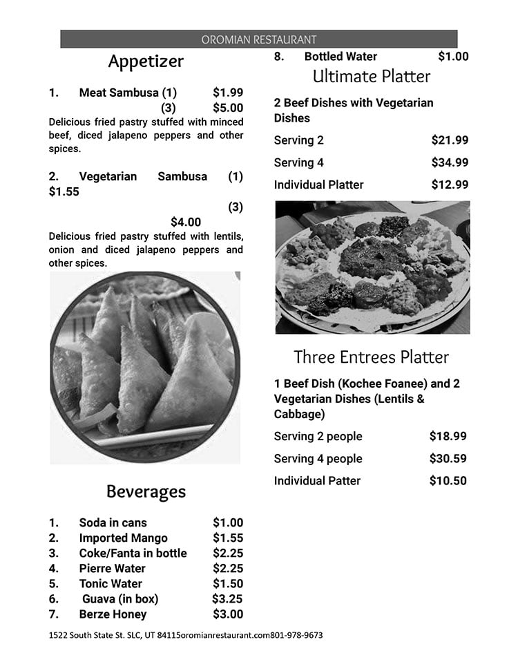 Oromian Restaurant menu - page one