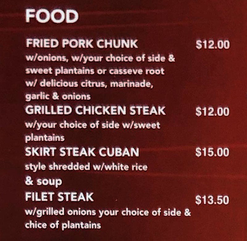 Batista menu - entree dishes